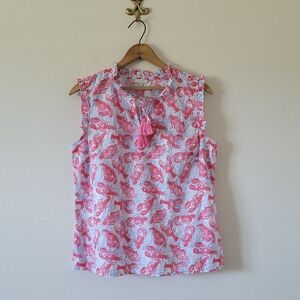 Talbots Blue Pink Lobster Print Sleeveless Cotton Blouse Size Large